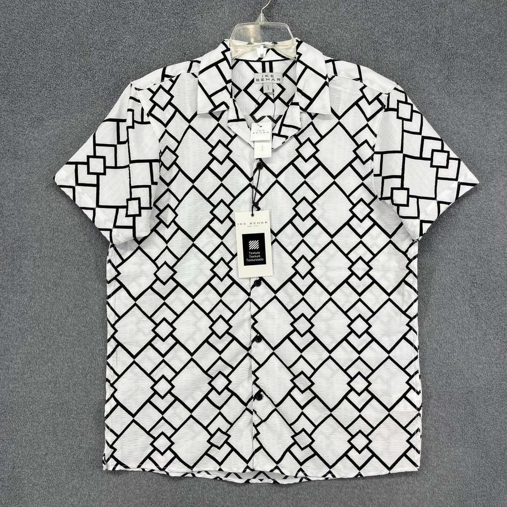 Ike Behar Button Down Shirt Mens L White Black Retro Geometric Textured S17X6044